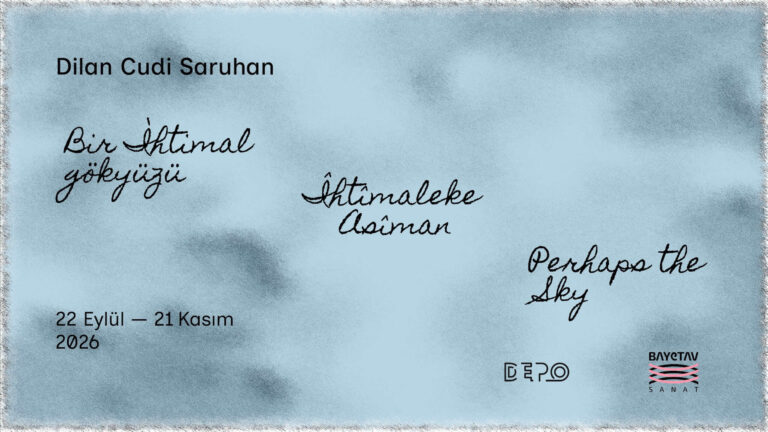 A poster displaying exhibition details as a black handwritten text on a light blue fabric-like background.