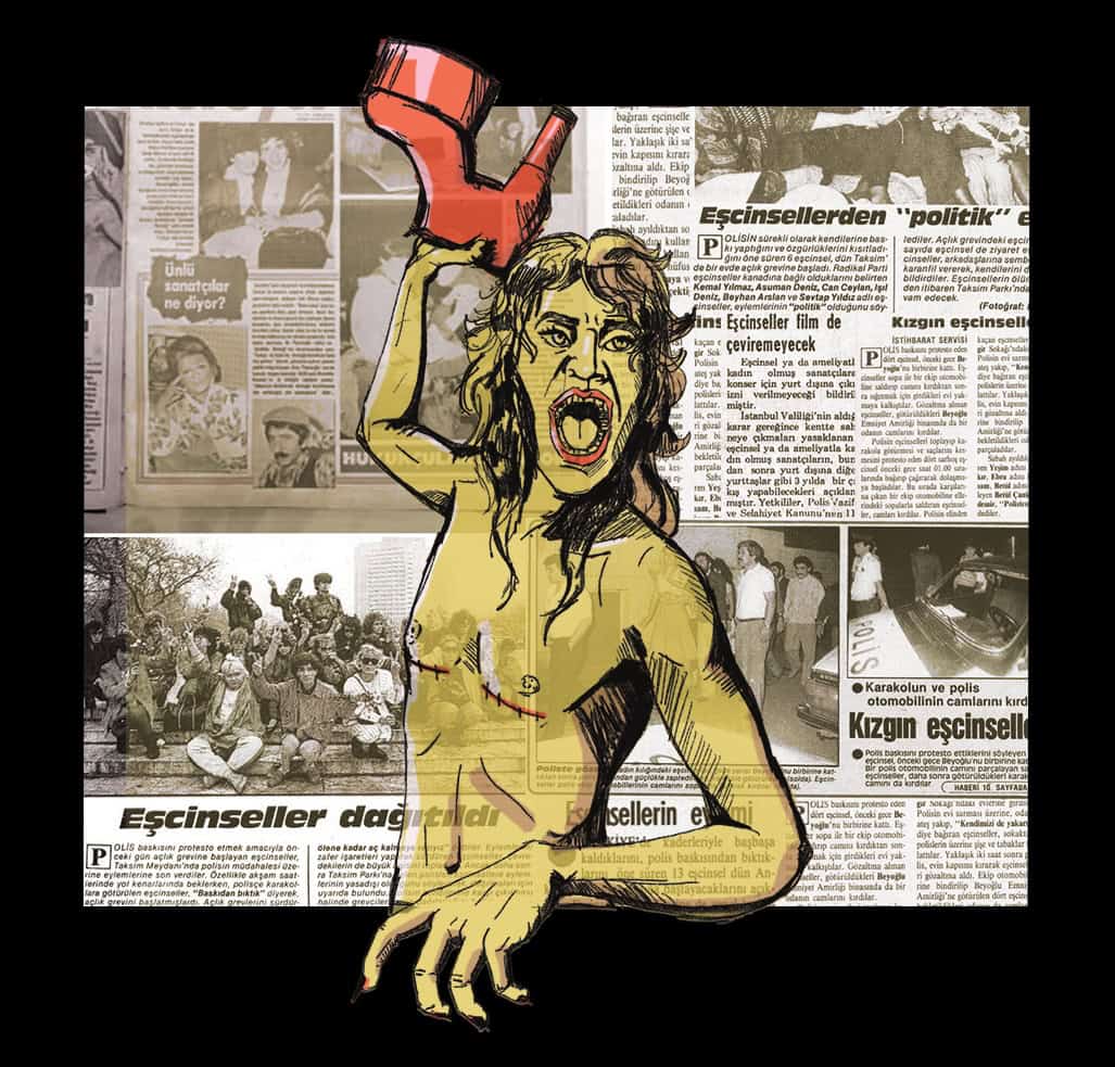 Artwork: a naked androgine figure ready to throw a red high heel boot drawn over the newspaper headlines reporting of the struggle of the queer community