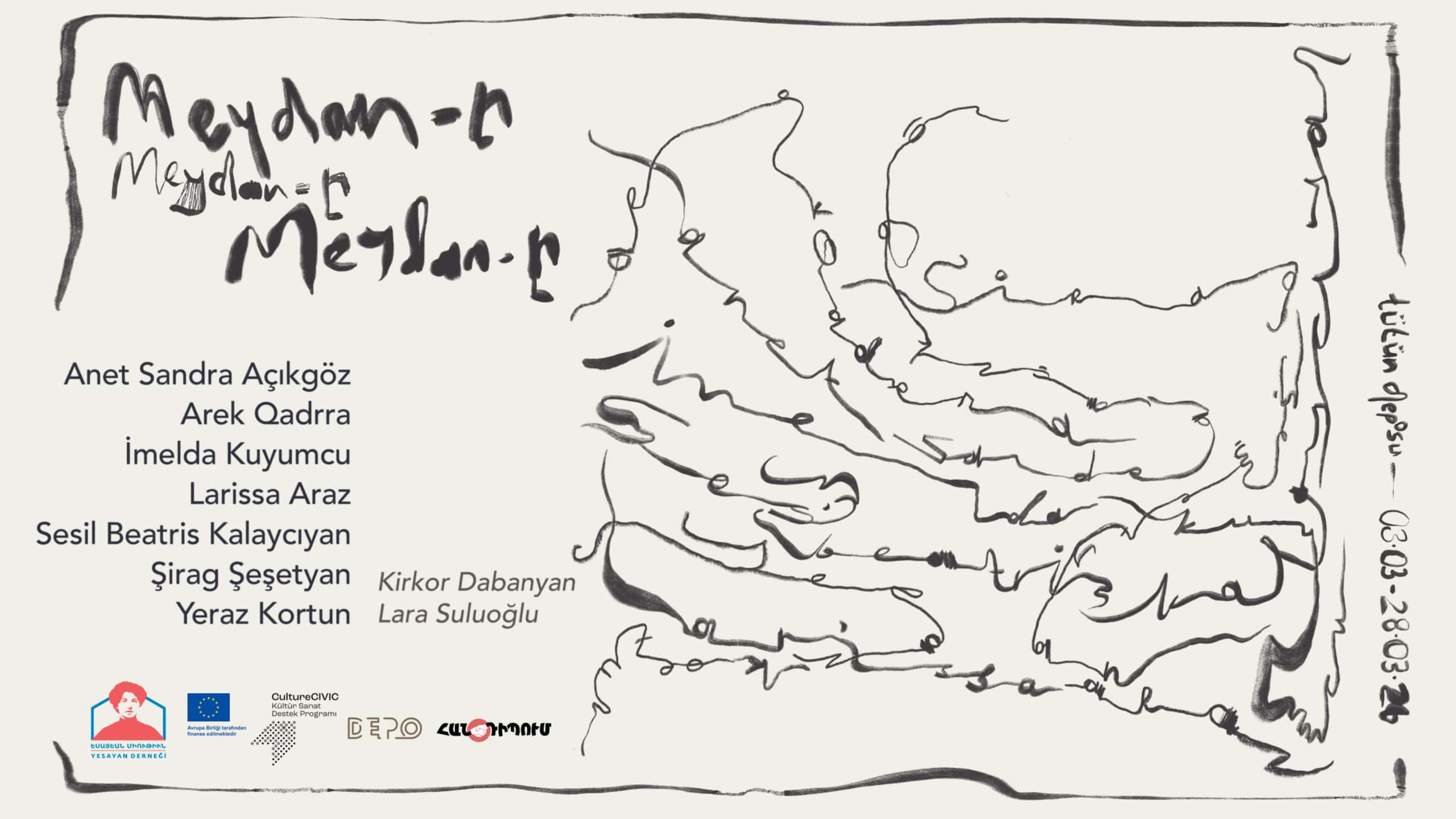 Exhibition poster with a list of artists and an abstract black on white drawing resembling a handwriting