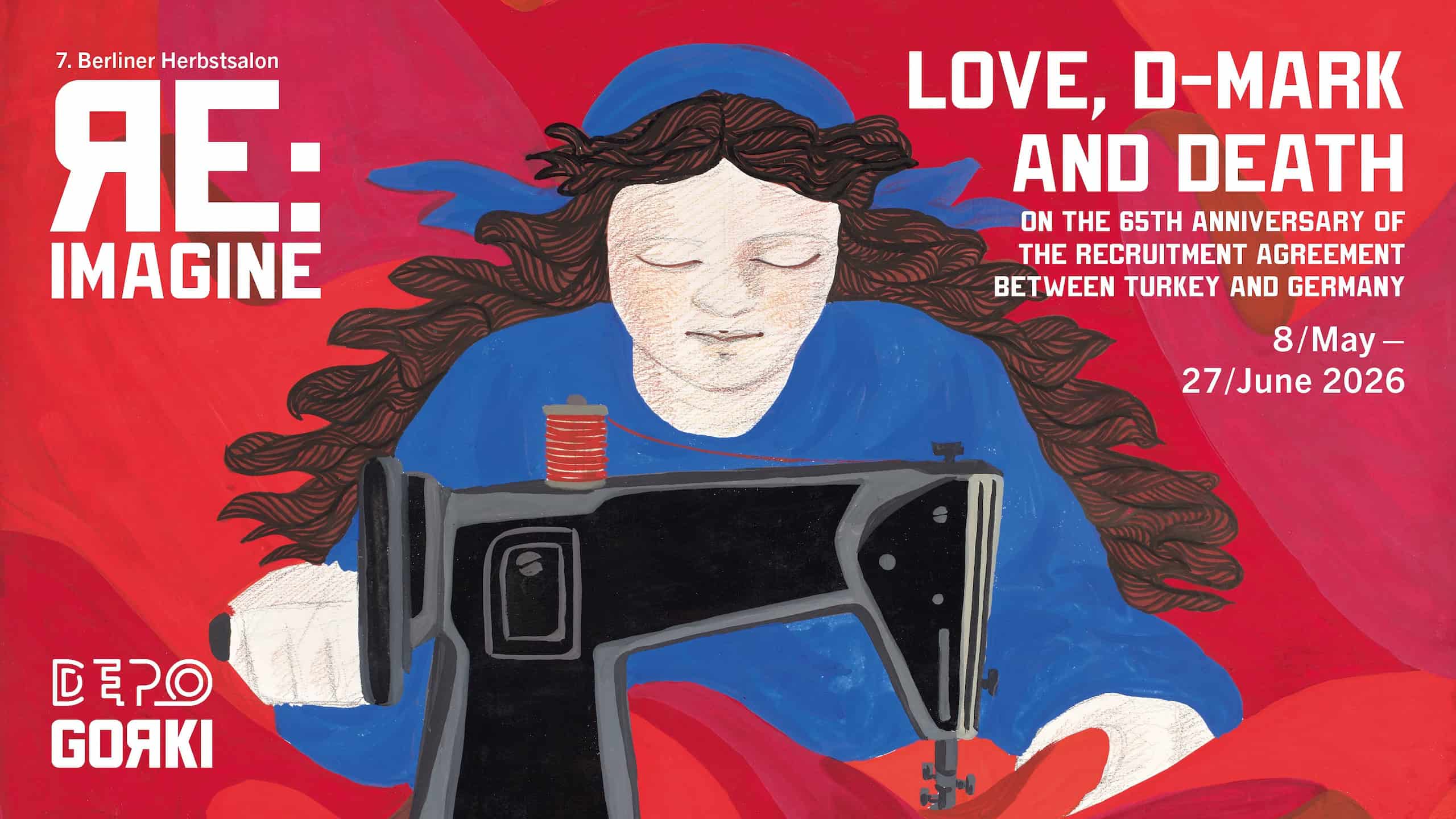 Exhibition poster: a painting of a woman facing the viewer sitting beside a sewing machine dressed in blue over the red background