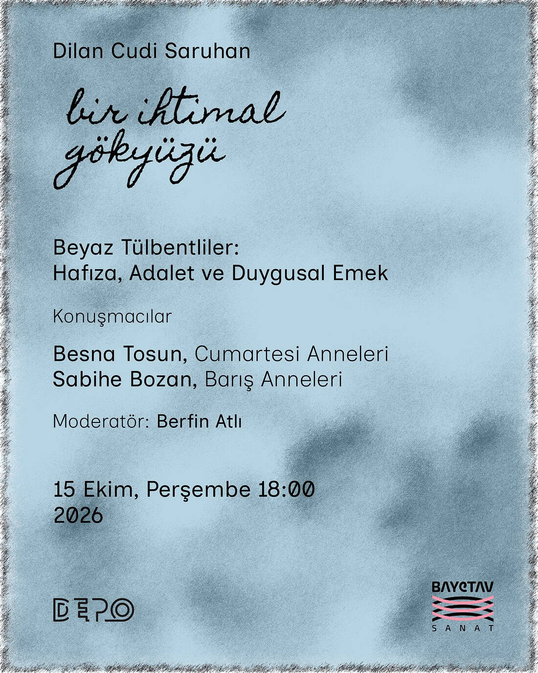 Poster with event details written in combination of handwritten and typet blask text on the unecen light blue carpet-like background