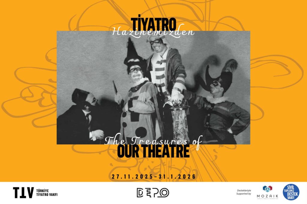 Exhibition poster with a black and white photo of four clown-like characters