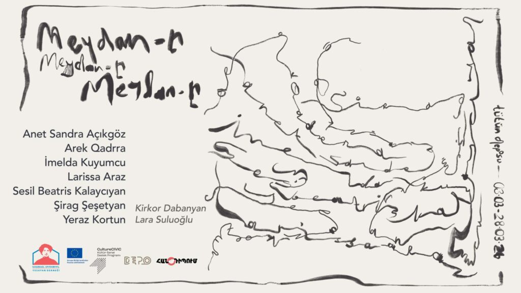 Exhibition poster with a list of artists and an abstract black on white drawing resembling a handwriting
