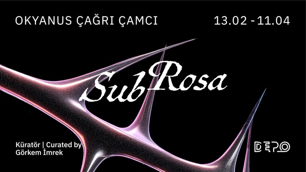 Exhibition poster depicting a shiny metallic purple rose stem with thorns on the black background